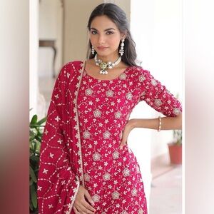 DESIGNER READYMADE TOP-SHARARA-DUPATTA COLLECTION Elegant RedFloral Embroidered.